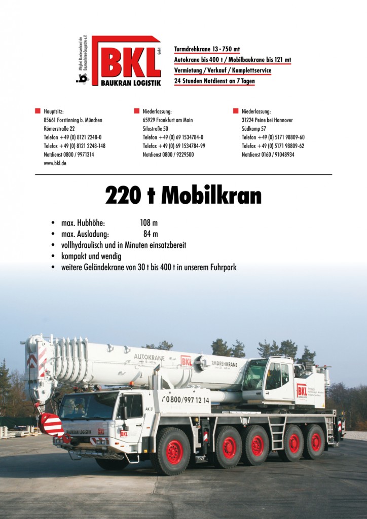 Mobile crane load chart for Tadano crane ATF 220G-5