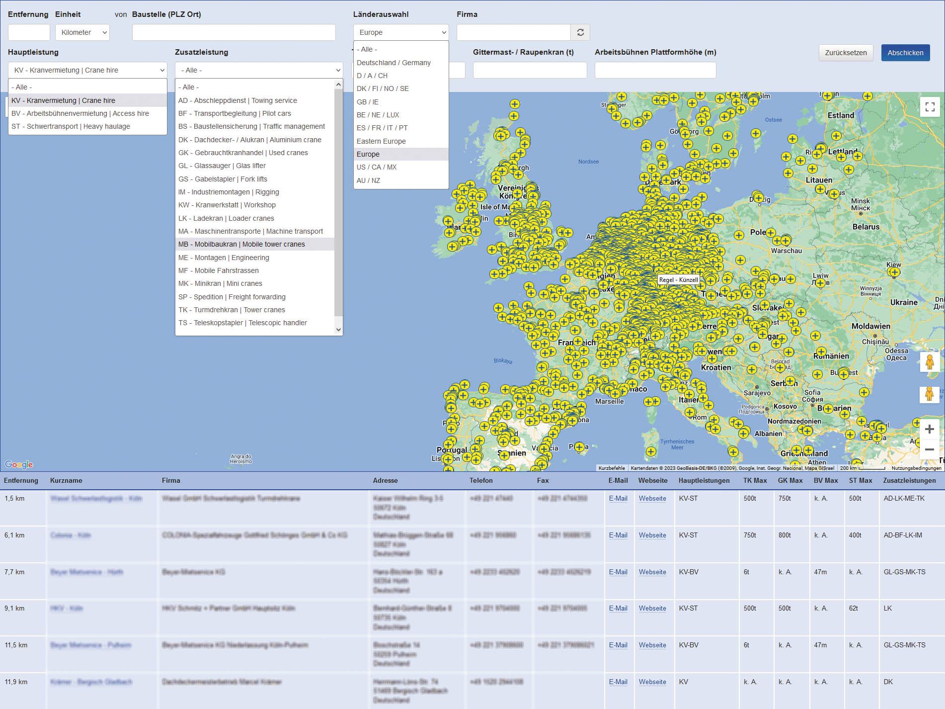 Rental-Map: Online-Map for crane hire, access platform hire and heavy-haulage in Europe, USA & Canada